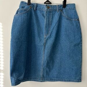 Vintage High Waisted Light Acid Wash Blue Denim Preppy Midi Skirt -Medium Large